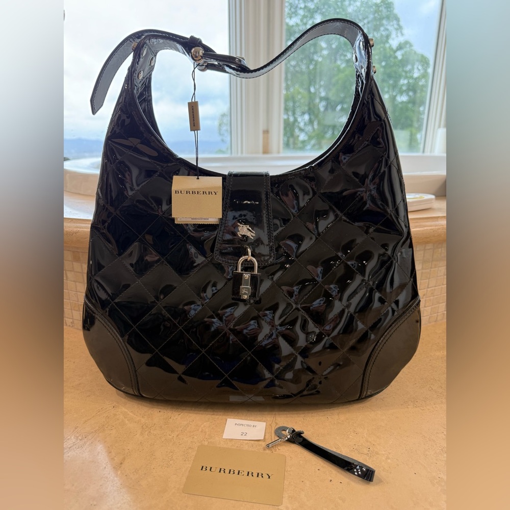 Burberry Brook Black Patent Quilted Hobo Bag New with Tags.